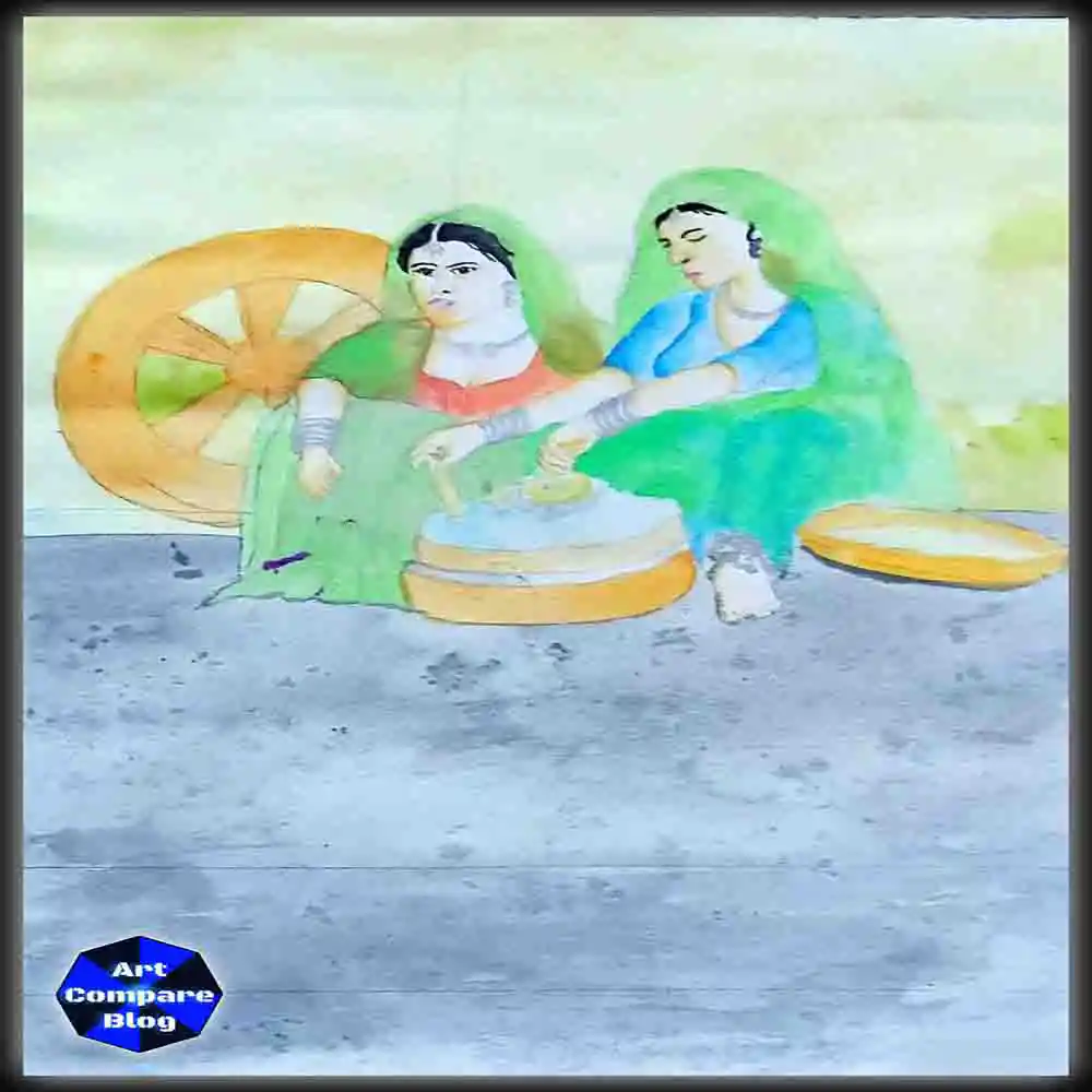 Village Women Grinding Wheat-Watercolor Art