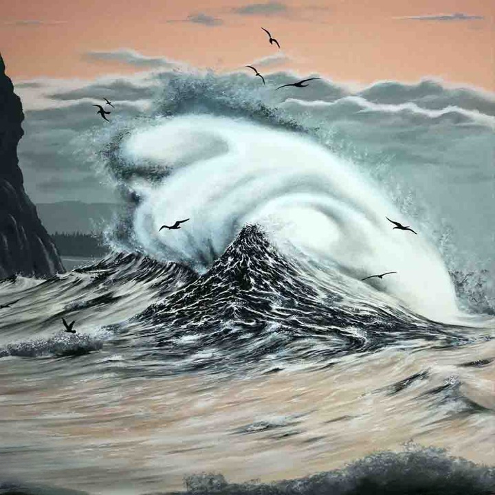 Massive Ocean Wave with Seagulls