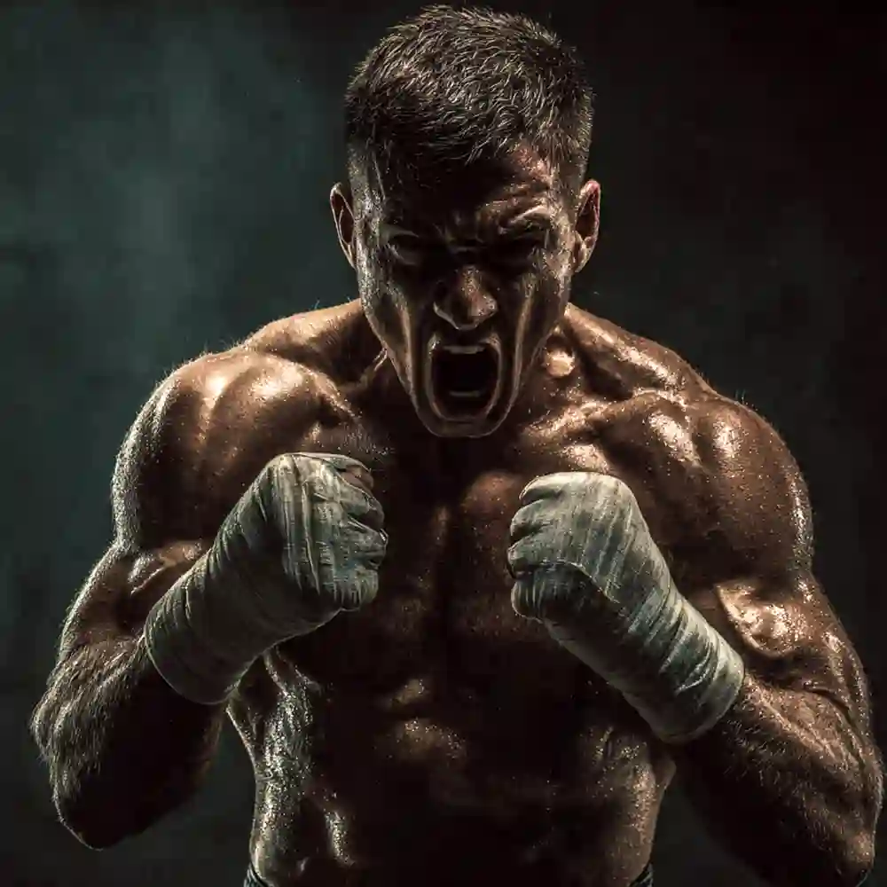 Muscular fighter roaring in fury