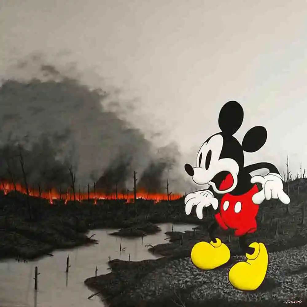 Surreal Mickey Mouse in Apocalyptic Landscape