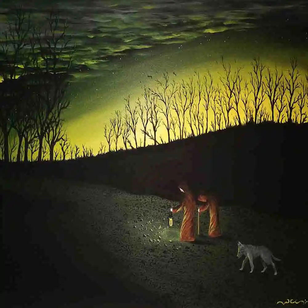 Monks with Lantern Walking at Dusk