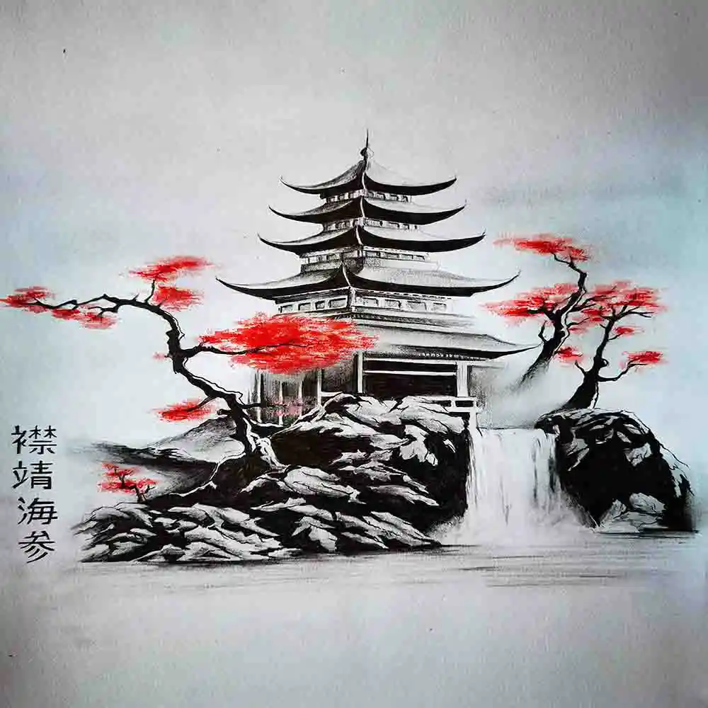 Japanese Pagoda with Red Trees