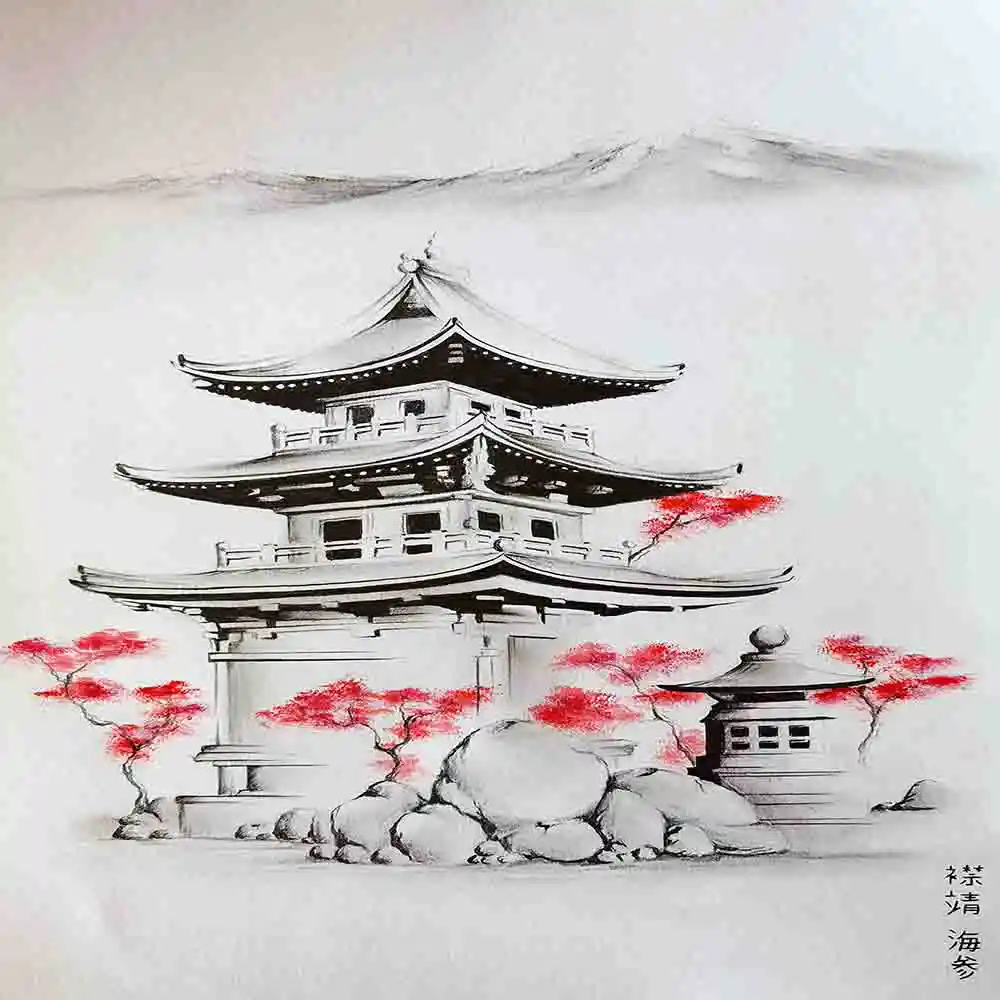 Japanese Pagoda Ink Art with Red Maple Trees