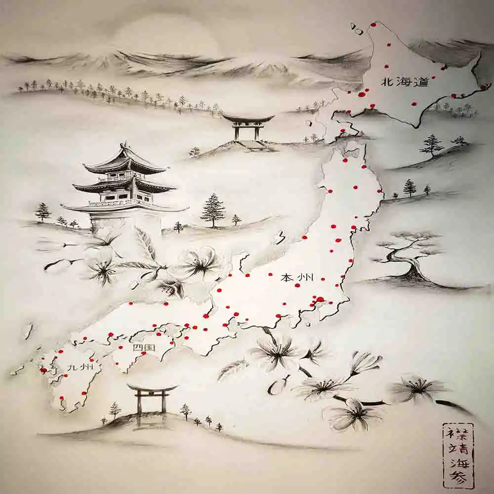 Japanese Map Ink Art with Temples and Cherry Blossoms