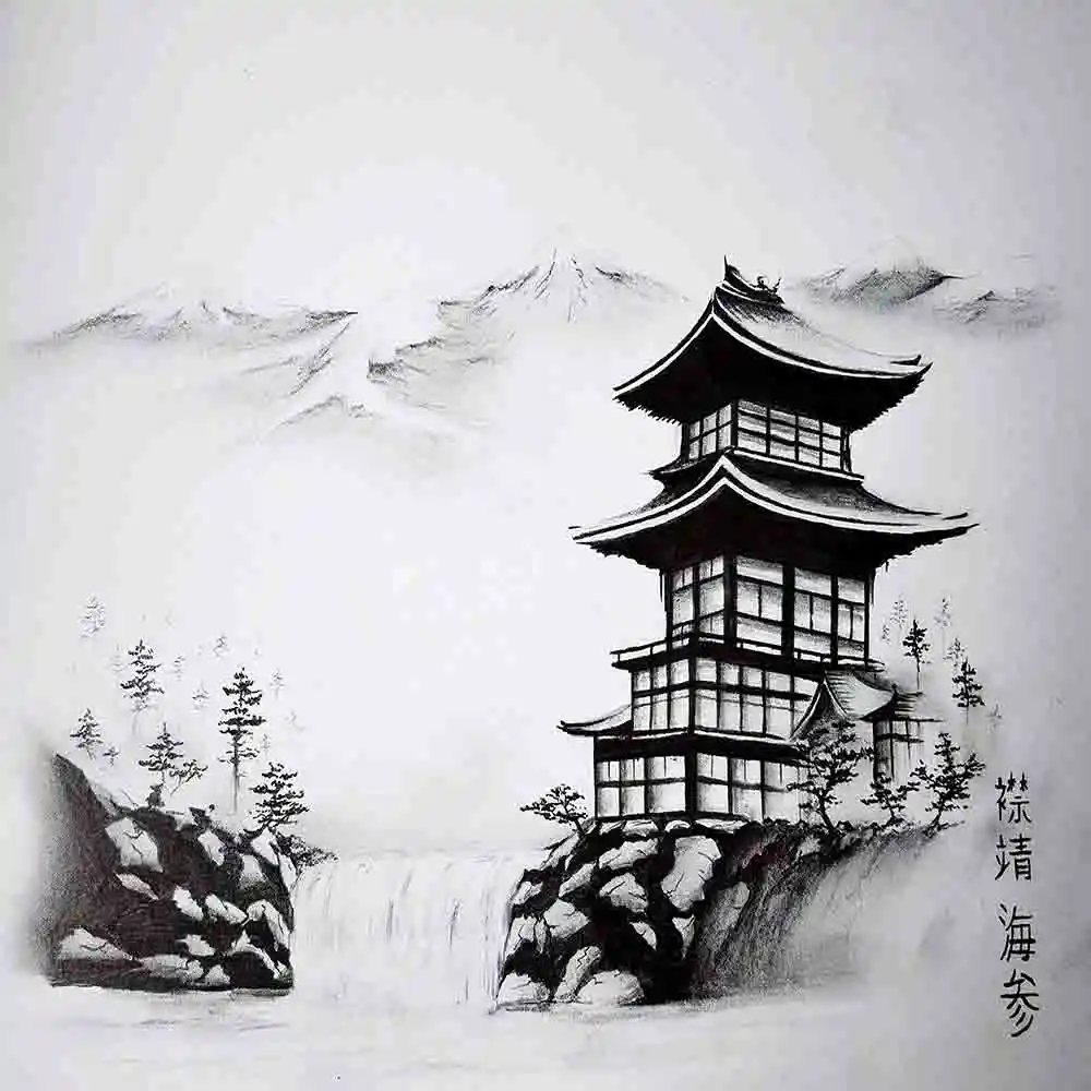 Japanese Pagoda Beside Mountain Waterfall