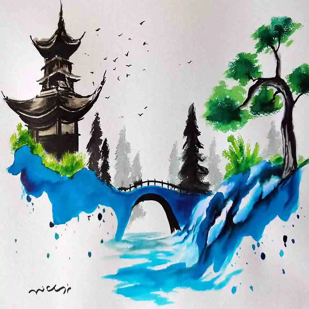 Tranquil Japanese Landscape Watercolor Art