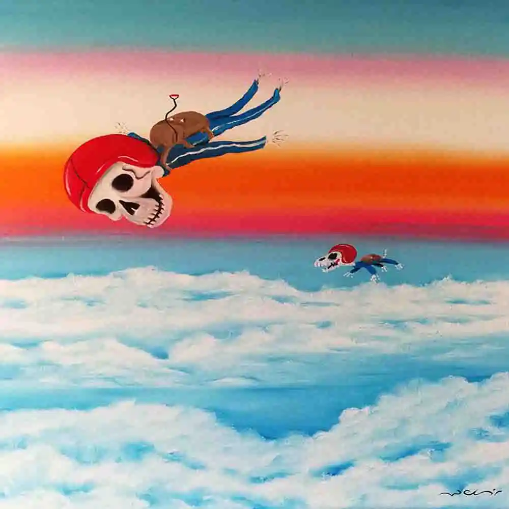 Skydiving Skulls Above Fiery Sunset