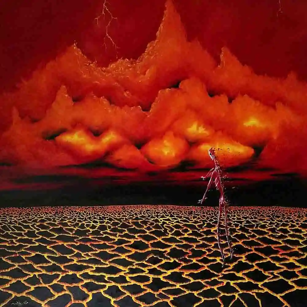 Surreal Fiery Landscape with Burning Figure