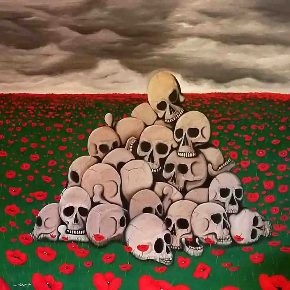 Skulls Rest Among Crimson Flowers