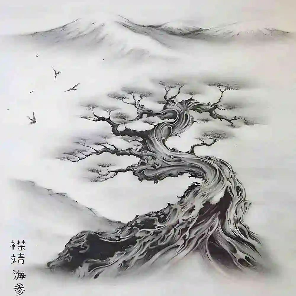 Ancient Bonsai Tree Ink Painting