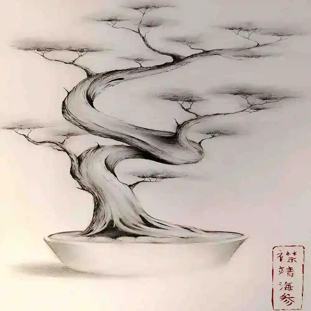 Elegant Japanese Bonsai Ink Art