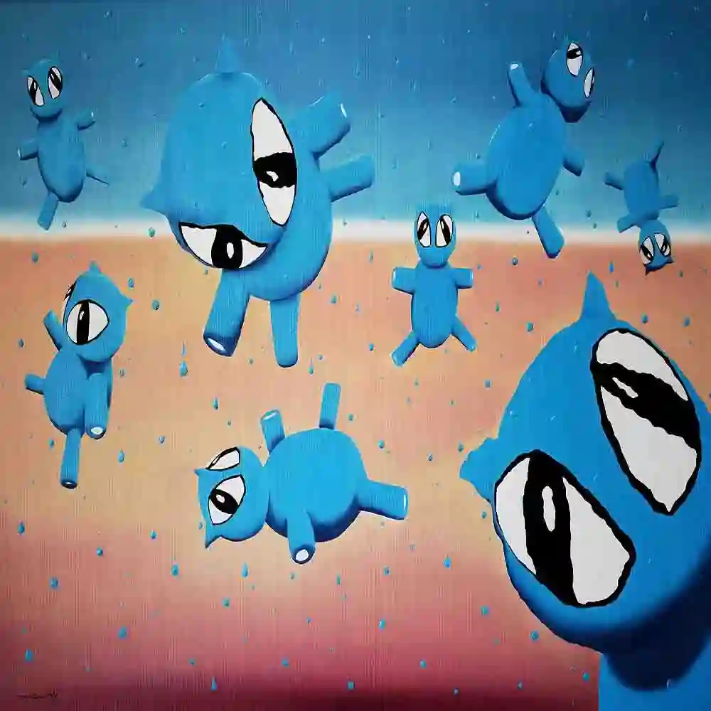 Blue Cartoon Creatures Raindrops Art