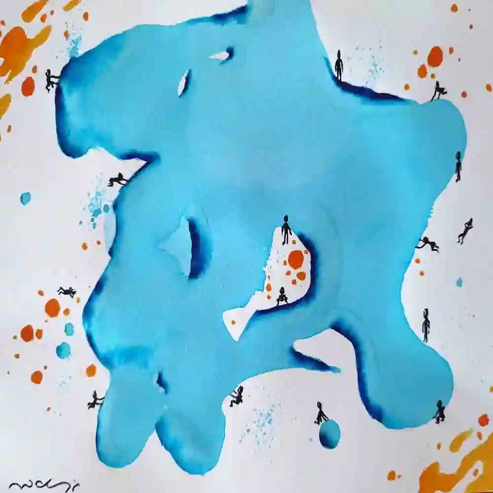 Abstract Blue Ink Art Painting