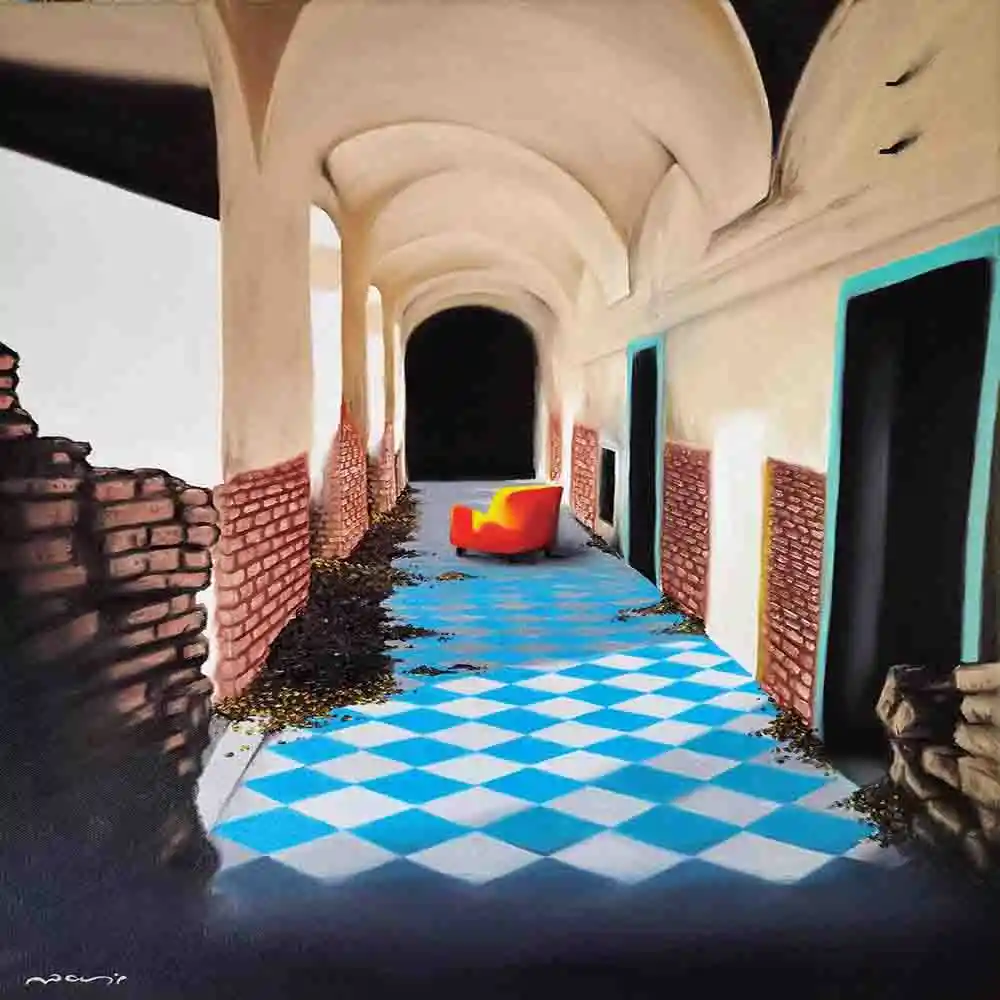 Surreal Corridor With Orange Chair