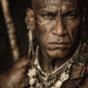 Primitive warrior wearing bone necklace