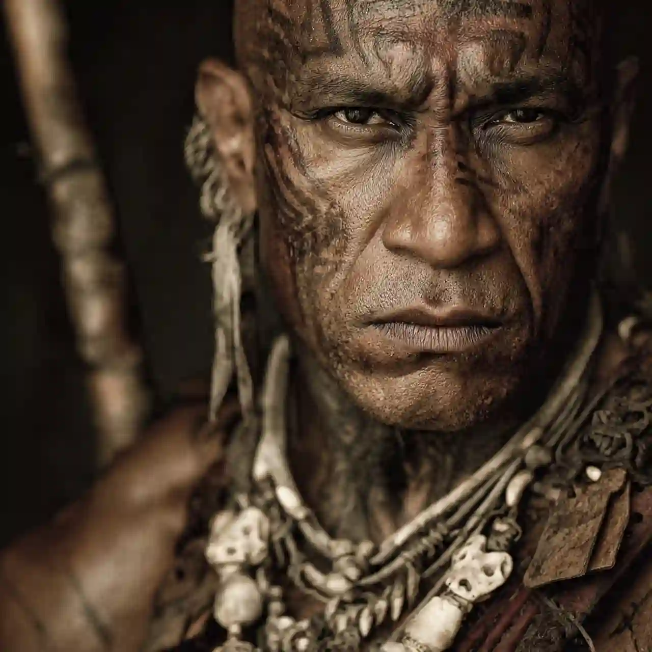 Primitive warrior wearing bone necklace