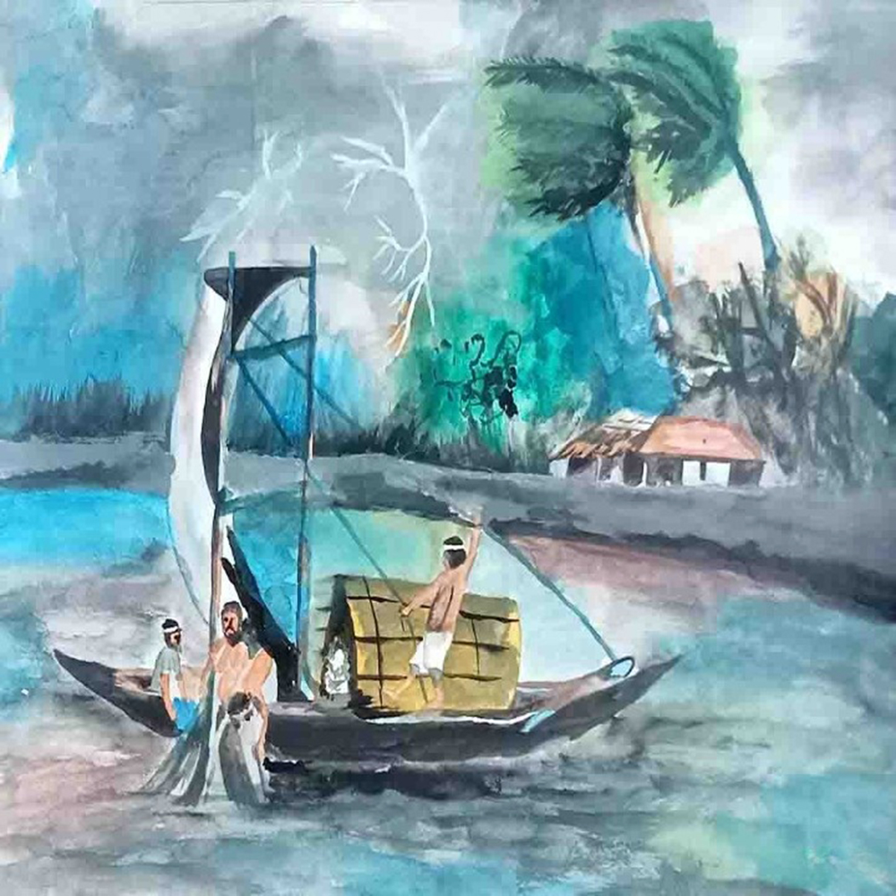 A painting depicting a boat filled with people, gently floating on water under a clear sky-1