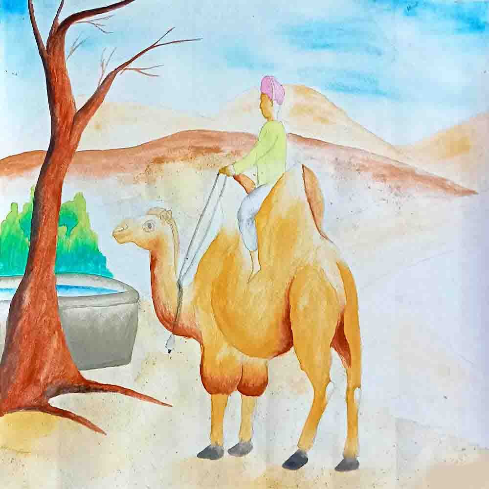 A painting depicting a camel with a man riding on its back in a desert landscape-1
