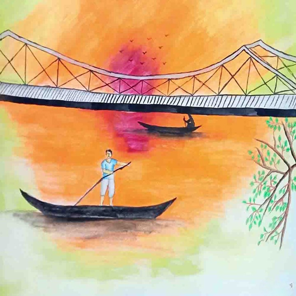 A painting depicting a man in a boat navigating a serene river-1