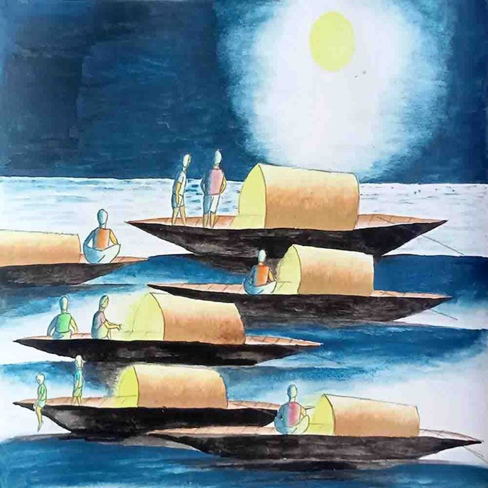 A painting depicting several people in boats navigating a serene body of water-1