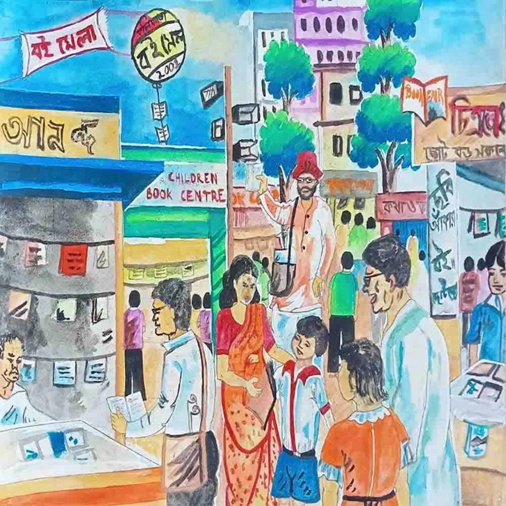A vibrant painting depicting diverse people interacting in a bustling market area filled with various stalls and goods-1