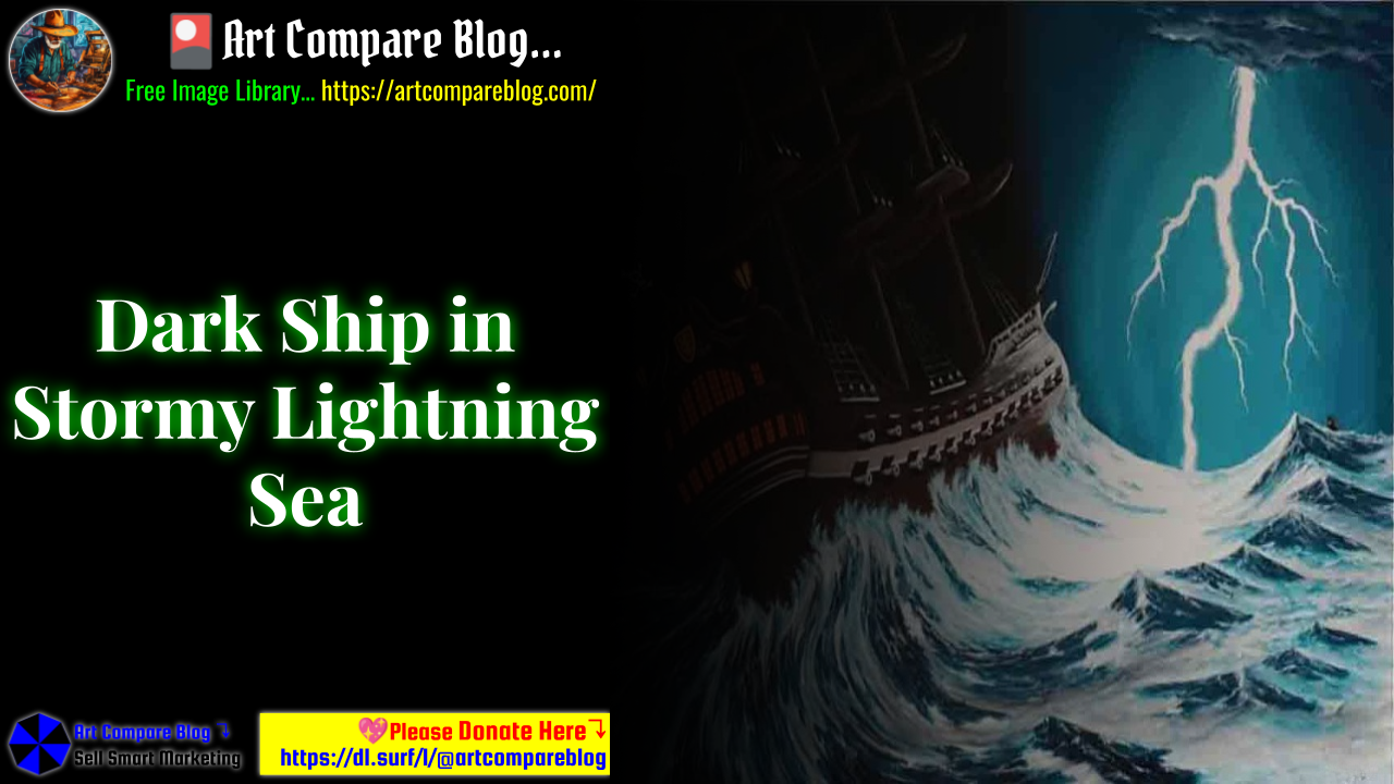 Dark Ship in Stormy Lightning Sea