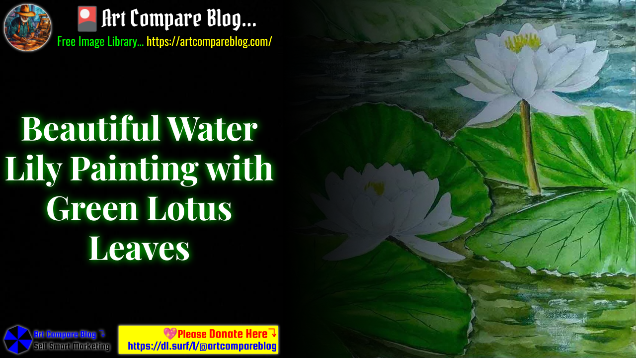 Beautiful Water Lily Painting with Green Lotus Leaves