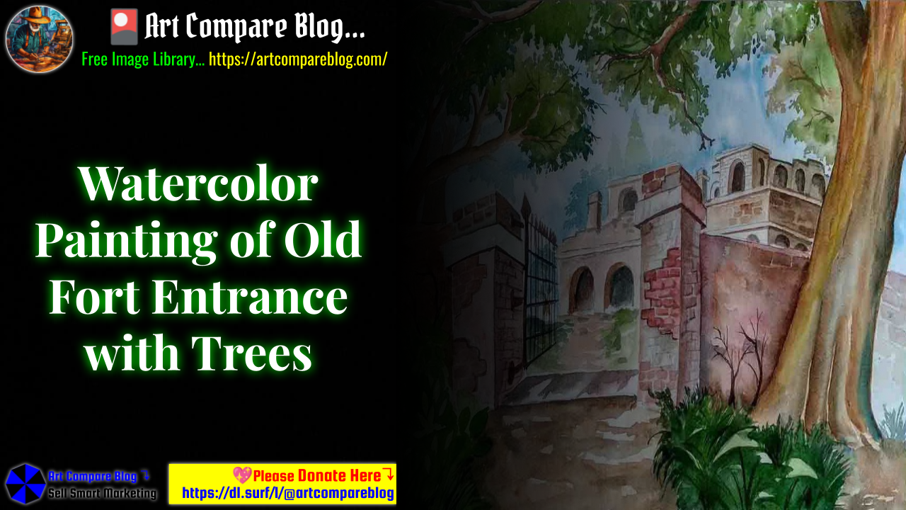 Watercolor Painting of Old Fort Entrance with Trees