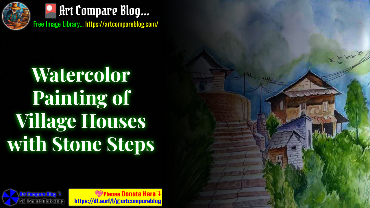 Watercolor Painting of Village Houses with Stone Steps