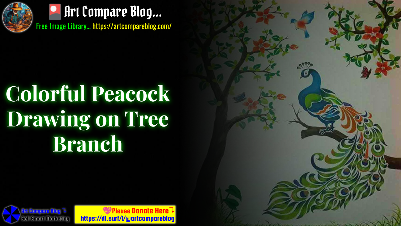 Colorful Peacock Drawing on Tree Branch