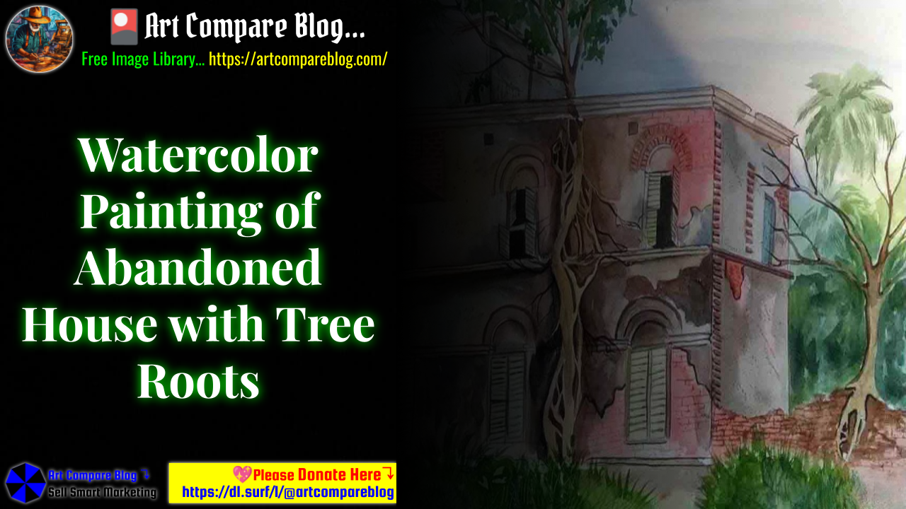 Watercolor Painting of Abandoned House with Tree Roots