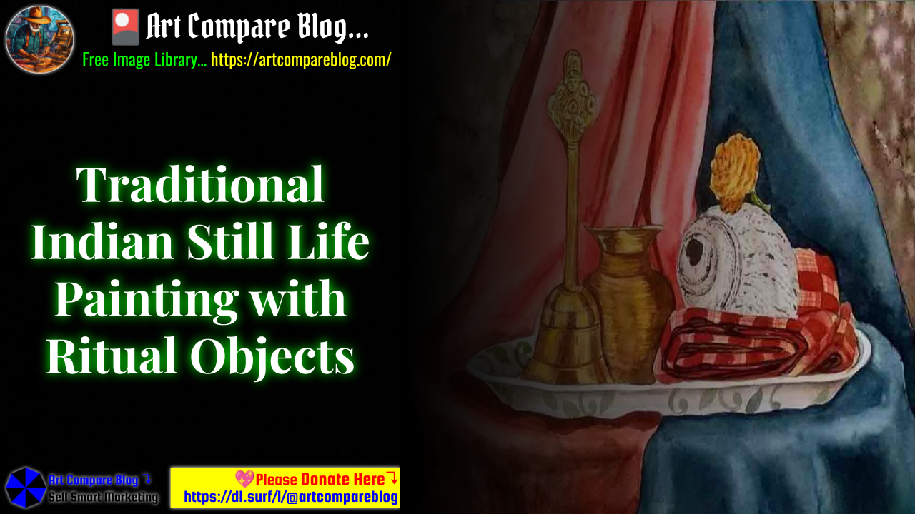 Traditional Indian Still Life Painting with Ritual Objects