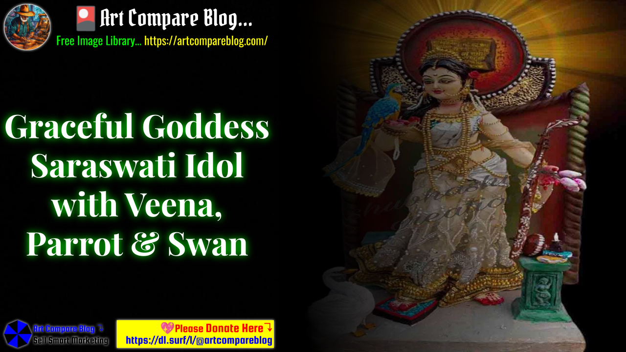 Graceful Goddess Saraswati Idol with Veena, Parrot & Swan