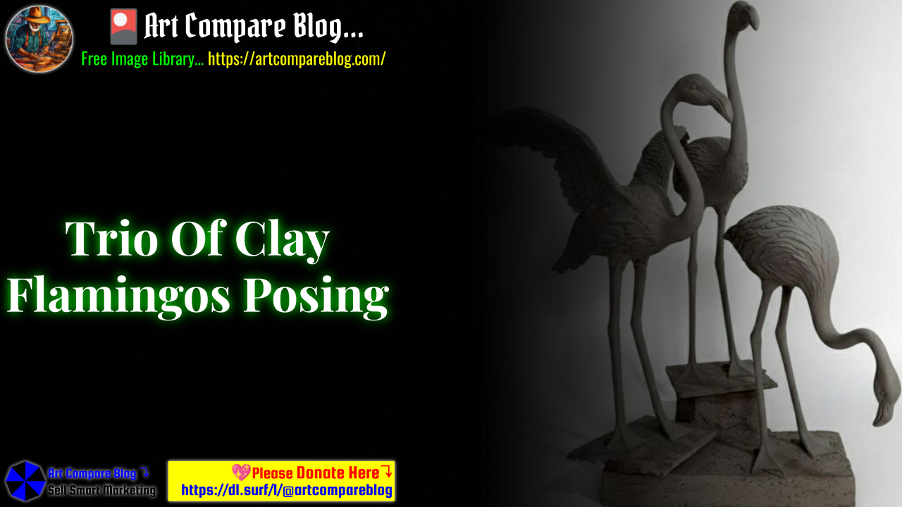 Trio Of Clay Flamingos Posing