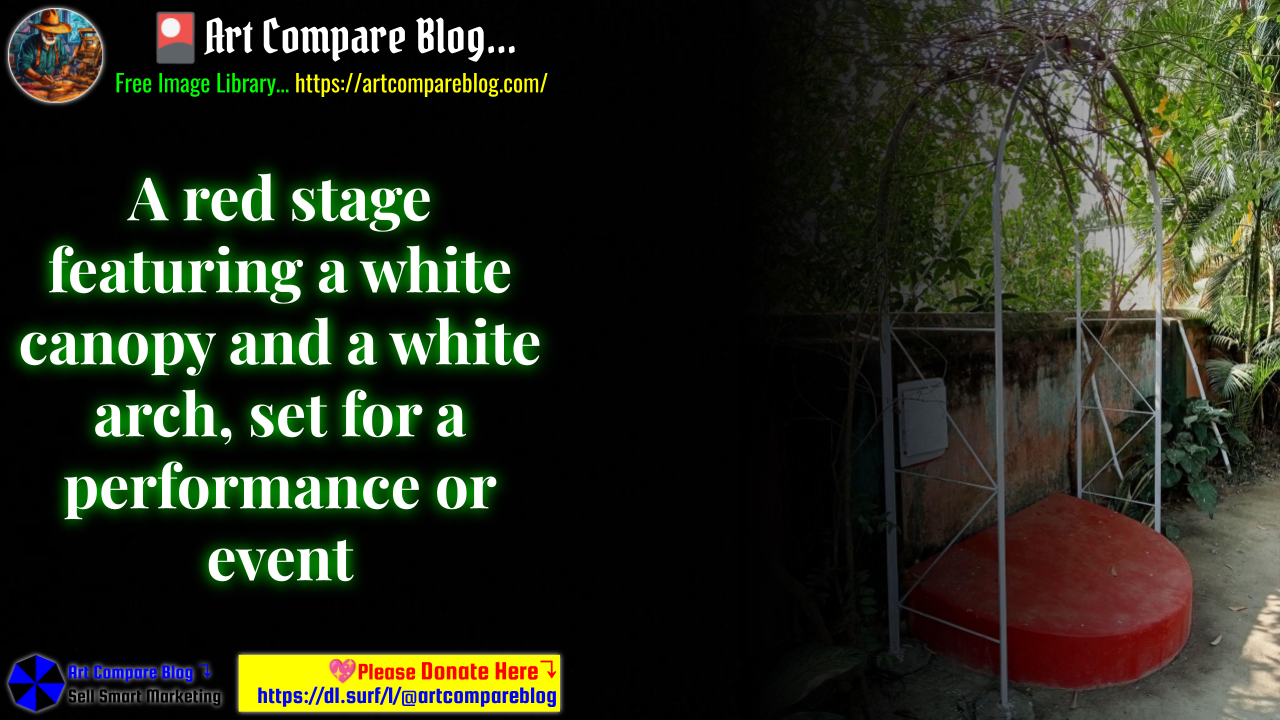 A red stage featuring a white canopy and a white arch, set for a performance or event