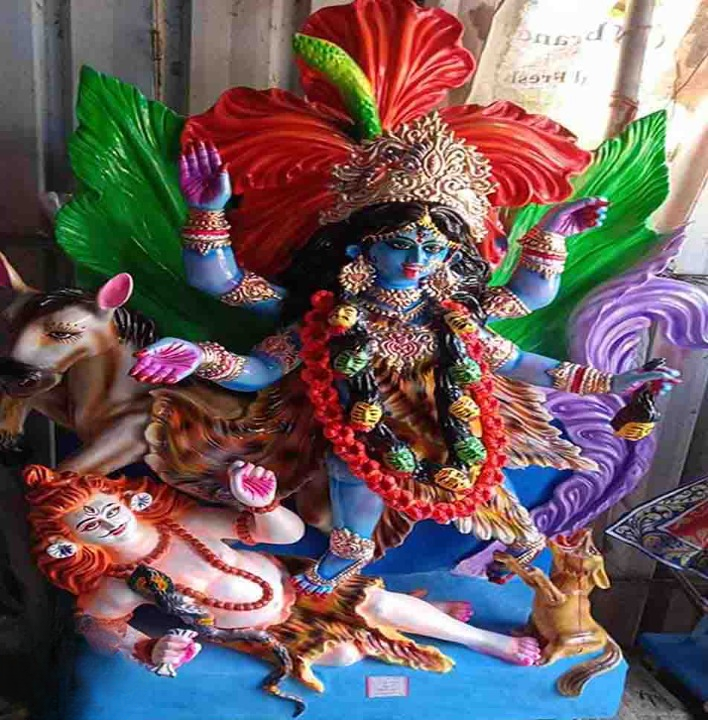 Colorful Goddess Kali Idol Standing on Shiva with Decorative Backdrop-1