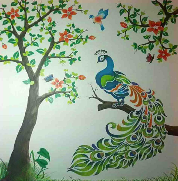 Colorful Peacock Drawing on Tree Branch-1
