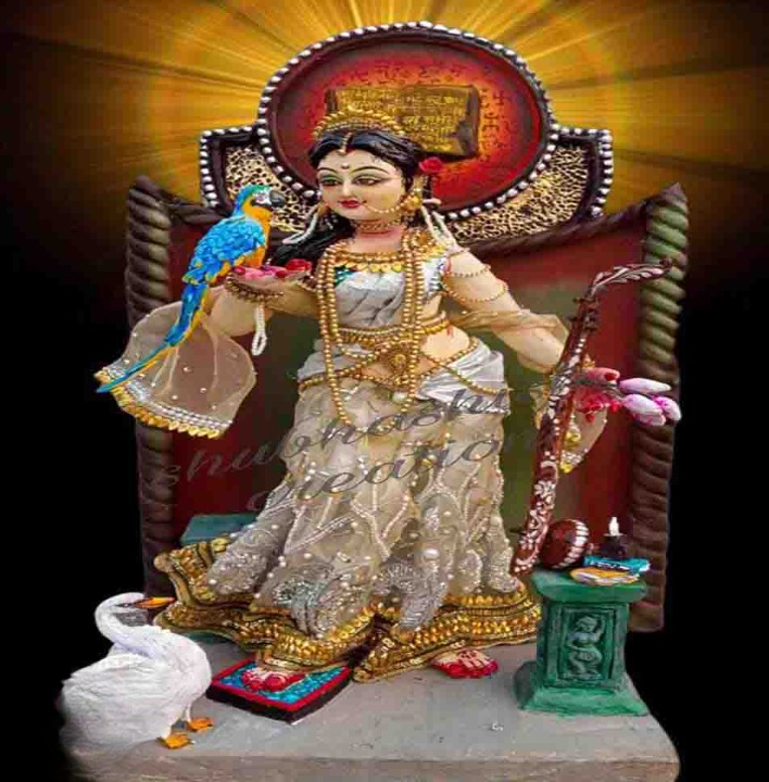 Graceful Goddess Saraswati Idol with Veena, Parrot & Swan-1