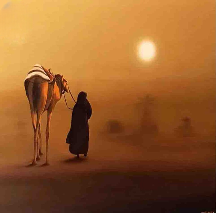 Man Walking Camel in Desert