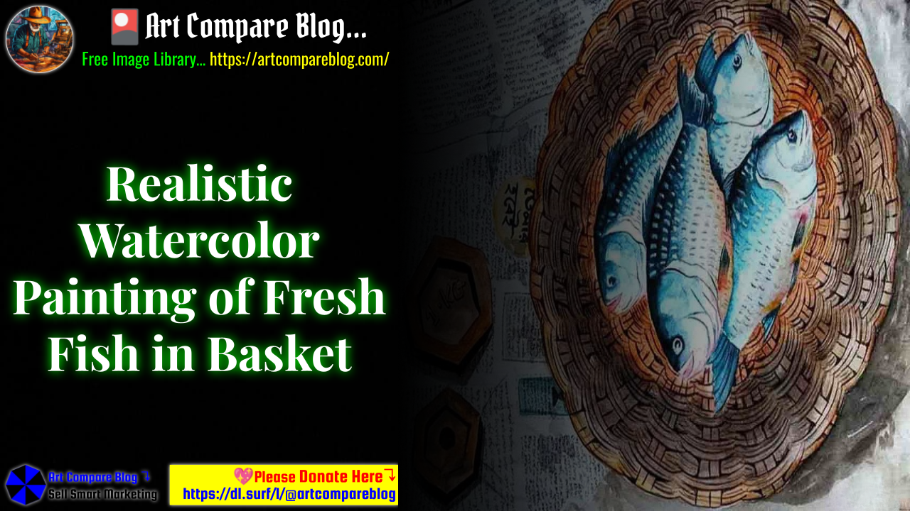 Realistic Watercolor Painting of Fresh Fish in Basket