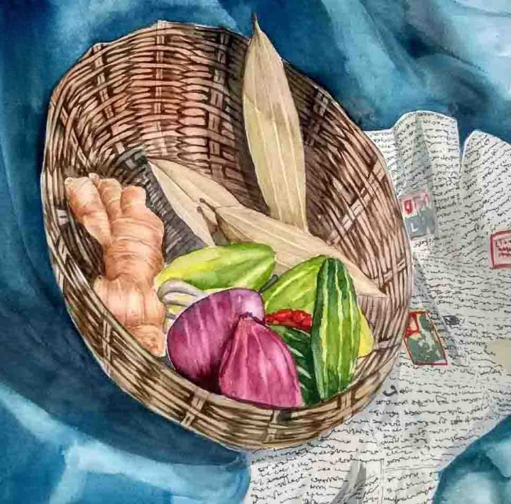 Still Life Painting of Basket with Vegetables and Newspaper-1