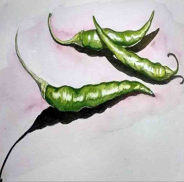 Still Life Painting of Green Chilies in Watercolor-1