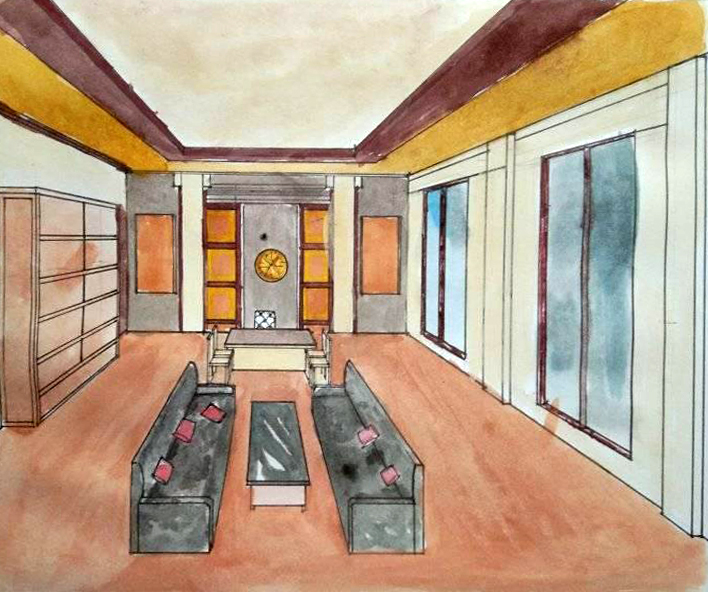 Symmetrical Office Rendered In Watercolor-1