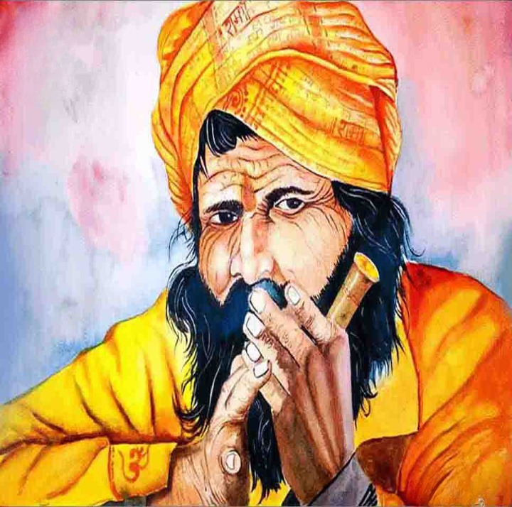 Watercolor Portrait of Indian Sadhu in Yellow Turban-1
