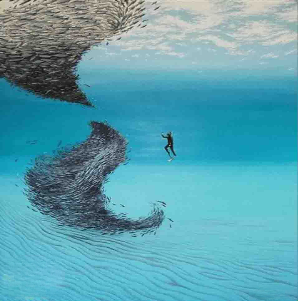 Underwater Diver with Swirling Fish-1